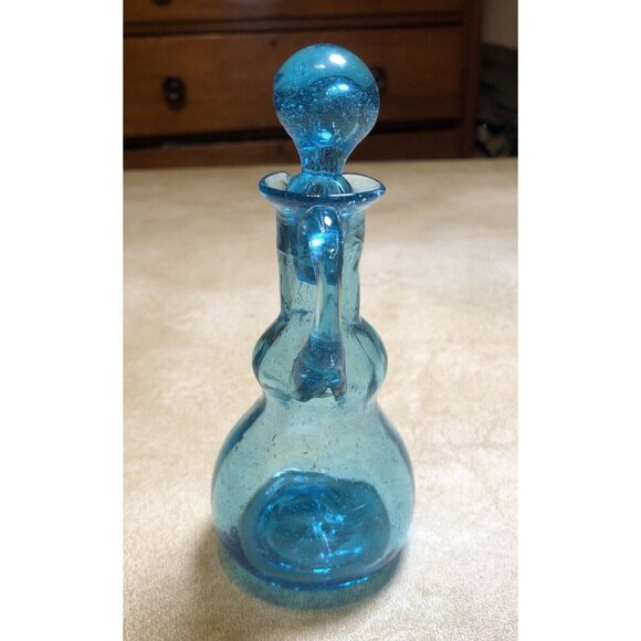 Aqua Glass Hand Blown Vinegar Cruet with Stopper Vintage - Picture 2 of 8